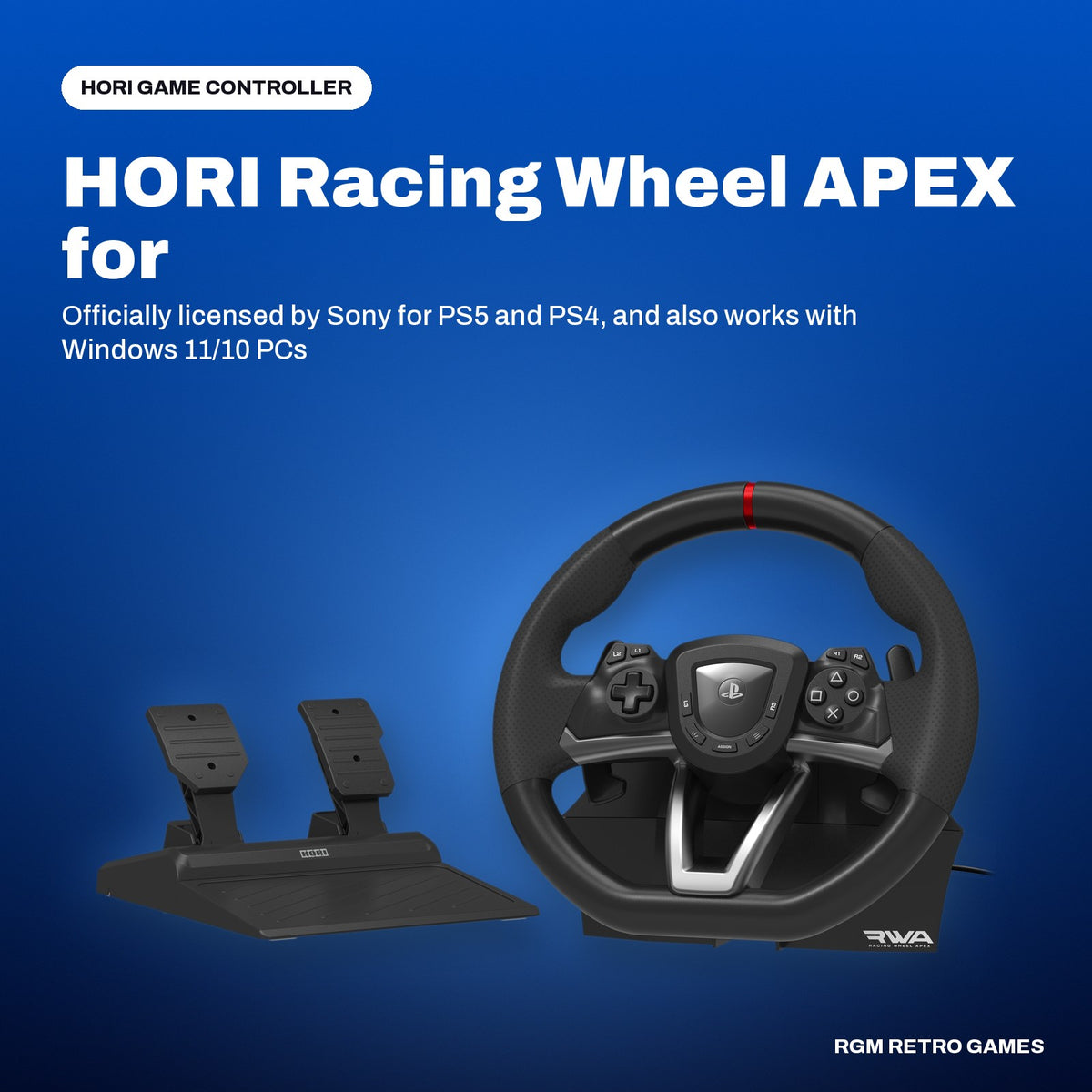 HORI Racing Wheel APEX for PlayStation 5, PlayStation 4 and Windows 11/10 in a HORI color scene