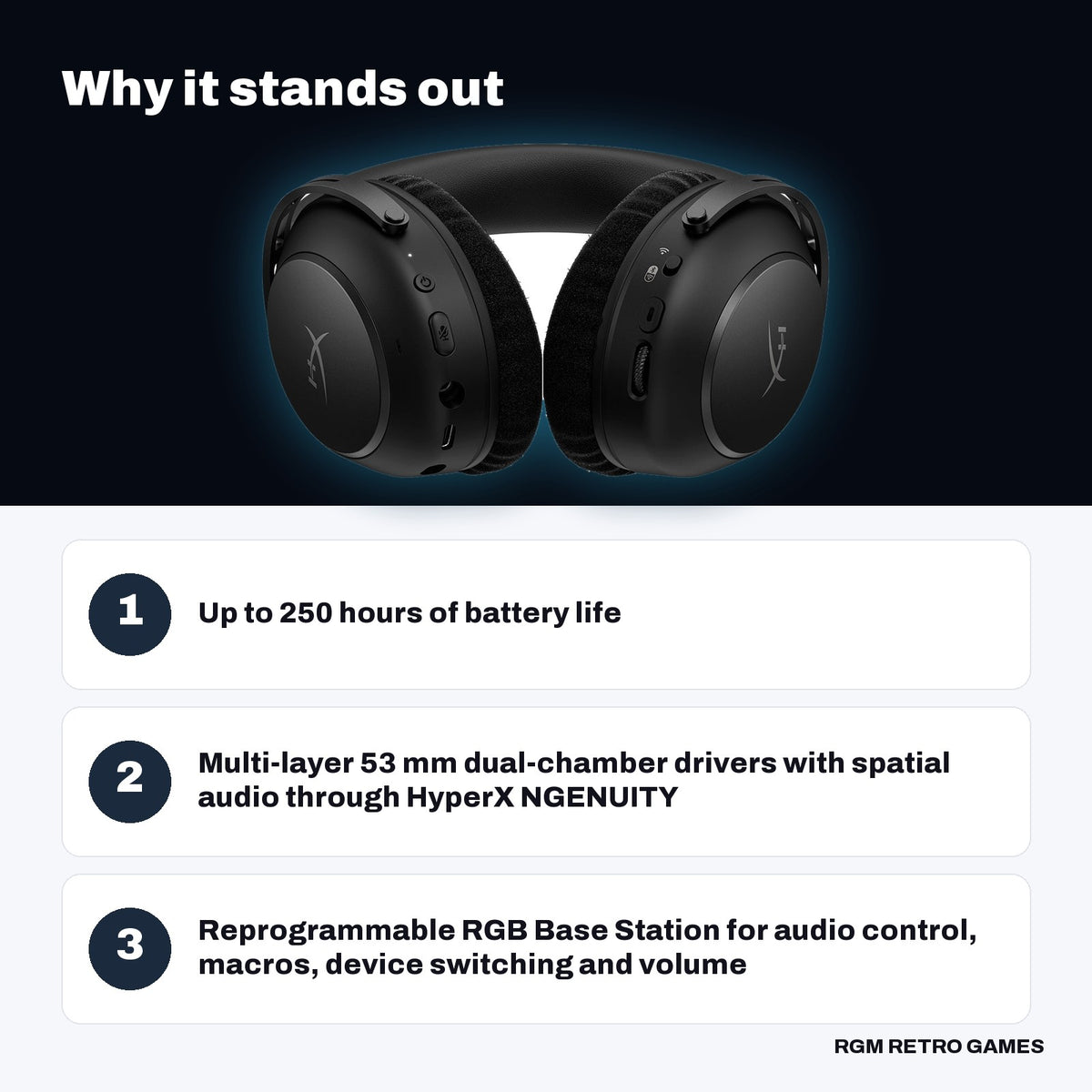 HyperX Cloud Alpha 2 Wireless Gaming Headset (Black) key features: Up to 250 hours of battery life, Multi-layer 53 mm dual-chamber drivers with spatial audio through HyperX NGENUITY, Reprogrammable RGB Base Station for audio control, macros, device switching and volume