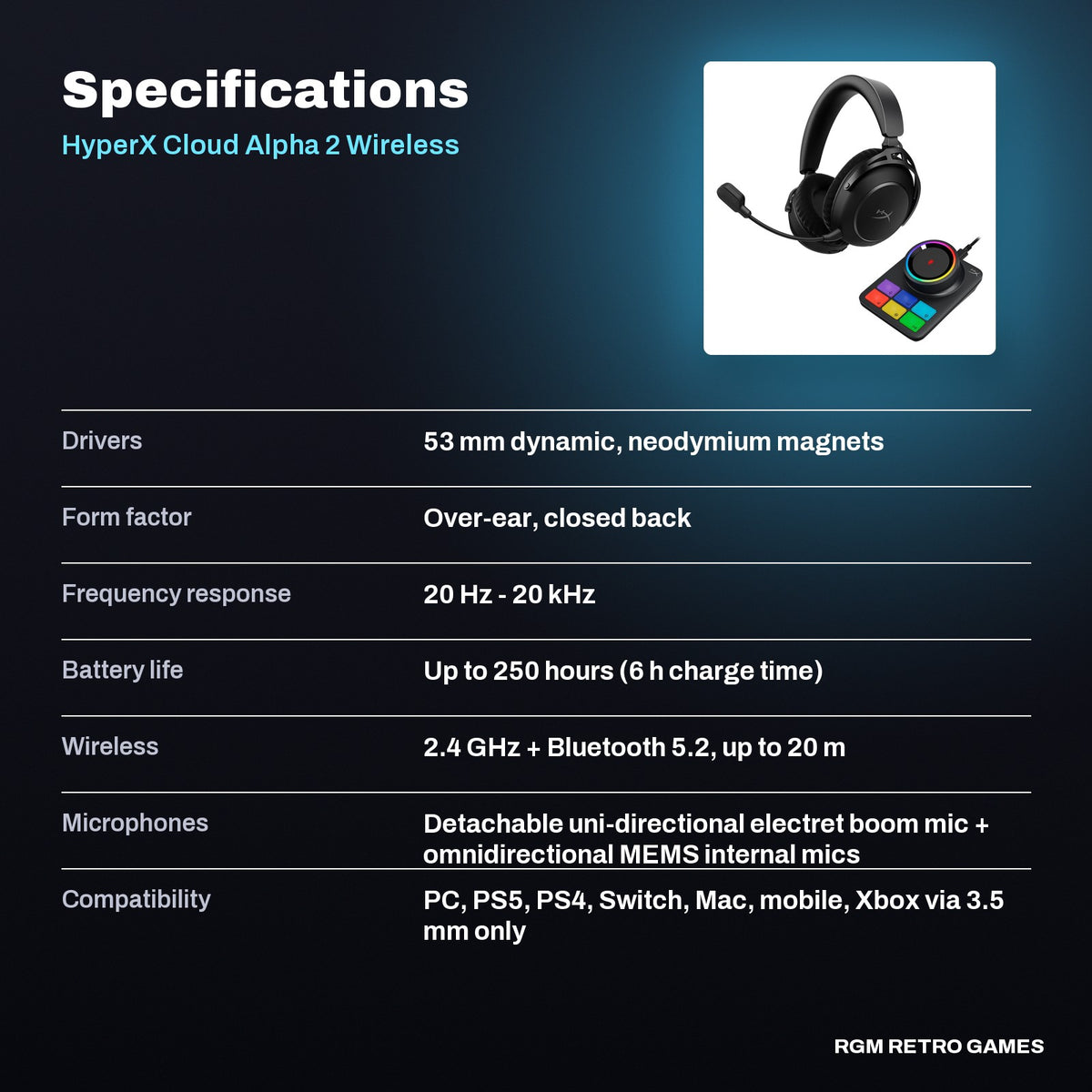 HyperX Cloud Alpha 2 Wireless Gaming Headset (Black) specifications