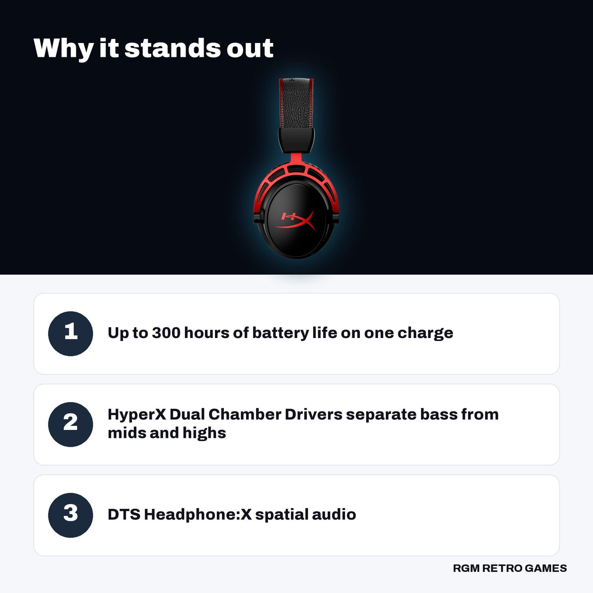 HyperX Cloud Alpha Wireless Gaming Headset (Black/Red) key features: Up to 300 hours of battery life on one charge, HyperX Dual Chamber Drivers separate bass from mids and highs, DTS Headphone:X spatial audio
