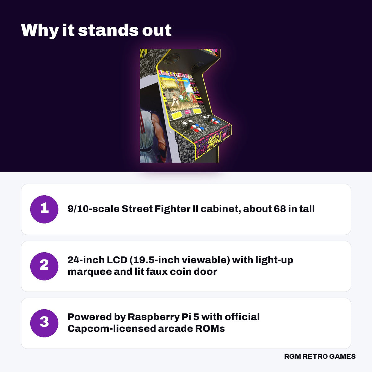 Iconic Arcade XT Street Fighter II: The World Warrior Arcade Machine key features: 9/10-scale Street Fighter II cabinet, about 68 in tall, 24-inch LCD (19.5-inch viewable) with light-up marquee and lit faux coin door, Powered by Raspberry Pi 5 with official Capcom-licensed arcade ROMs