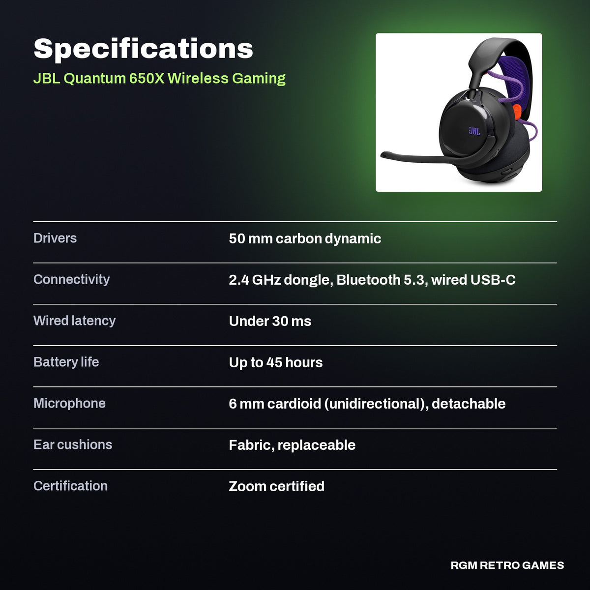 JBL Quantum 650X Wireless Gaming Headset - Black specifications