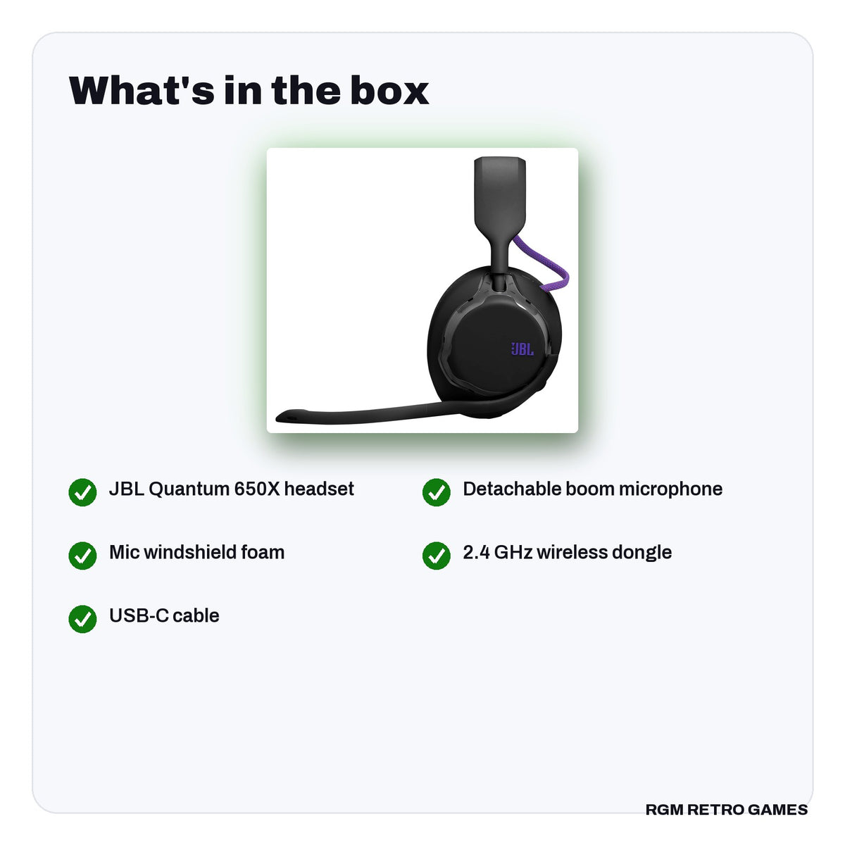 What's in the box with the JBL Quantum 650X Wireless Gaming Headset - Black