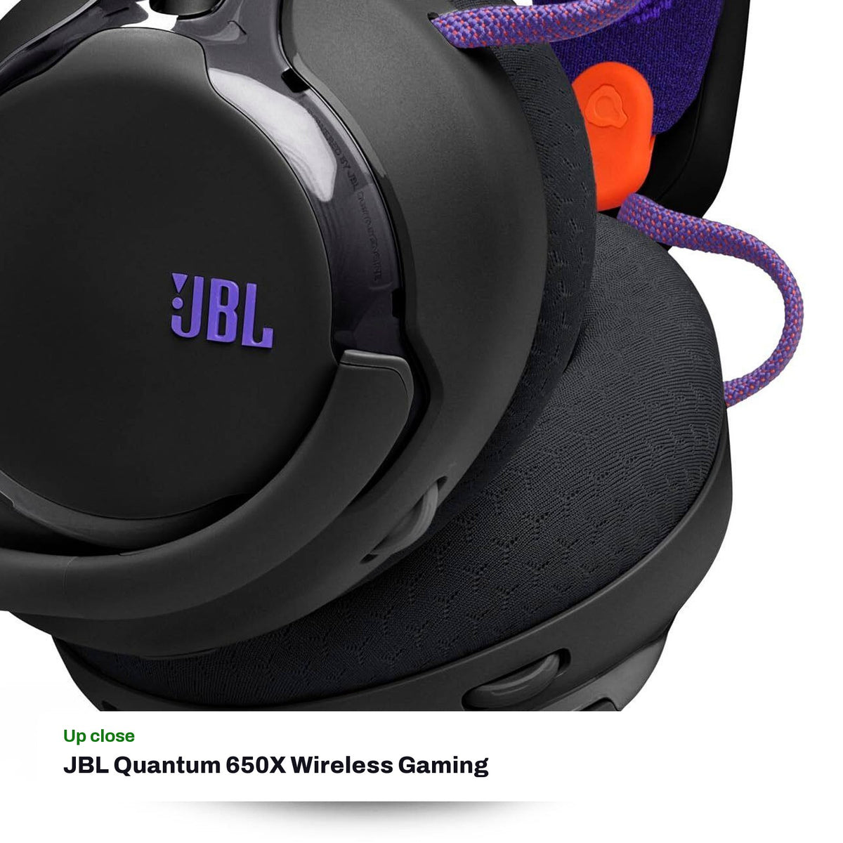JBL Quantum 650X Wireless Gaming Headset - Black, close-up detail