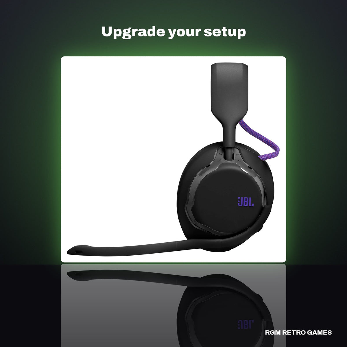 JBL Quantum 650X Wireless Gaming Headset - Black in a dark studio setting