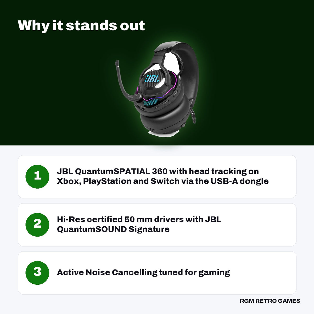JBL Quantum 910X Wireless Gaming Headset for Xbox (2026, RGB) key features: JBL QuantumSPATIAL 360 with head tracking on Xbox, PlayStation and Switch via the USB-A dongle, Hi-Res certified 50 mm drivers with JBL QuantumSOUND Signature, Active Noise Cancelling tuned for gaming