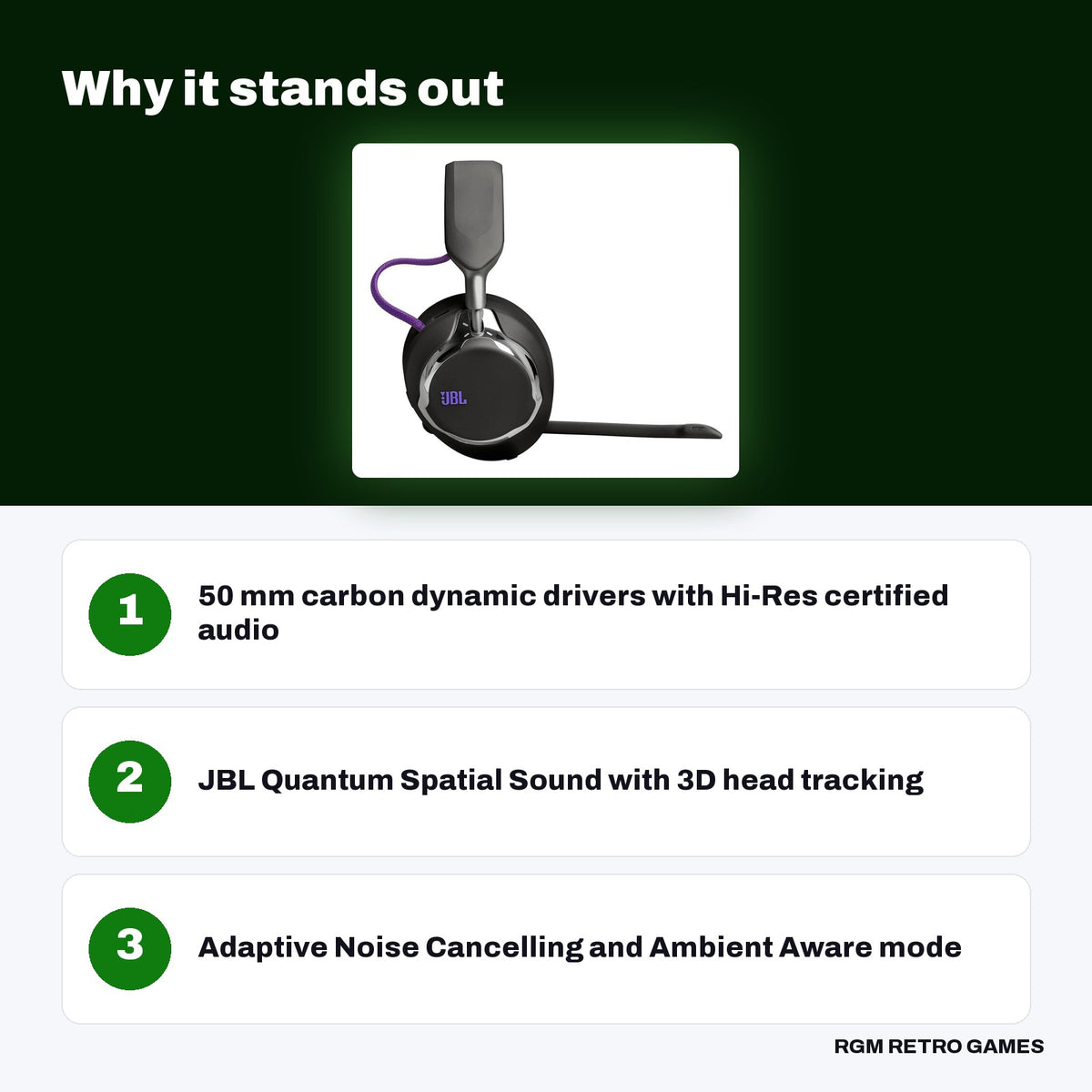 JBL Quantum 950X Wireless Gaming Headset with Base Station - Black key features: 50 mm carbon dynamic drivers with Hi-Res certified audio, JBL Quantum Spatial Sound with 3D head tracking, Adaptive Noise Cancelling and Ambient Aware mode