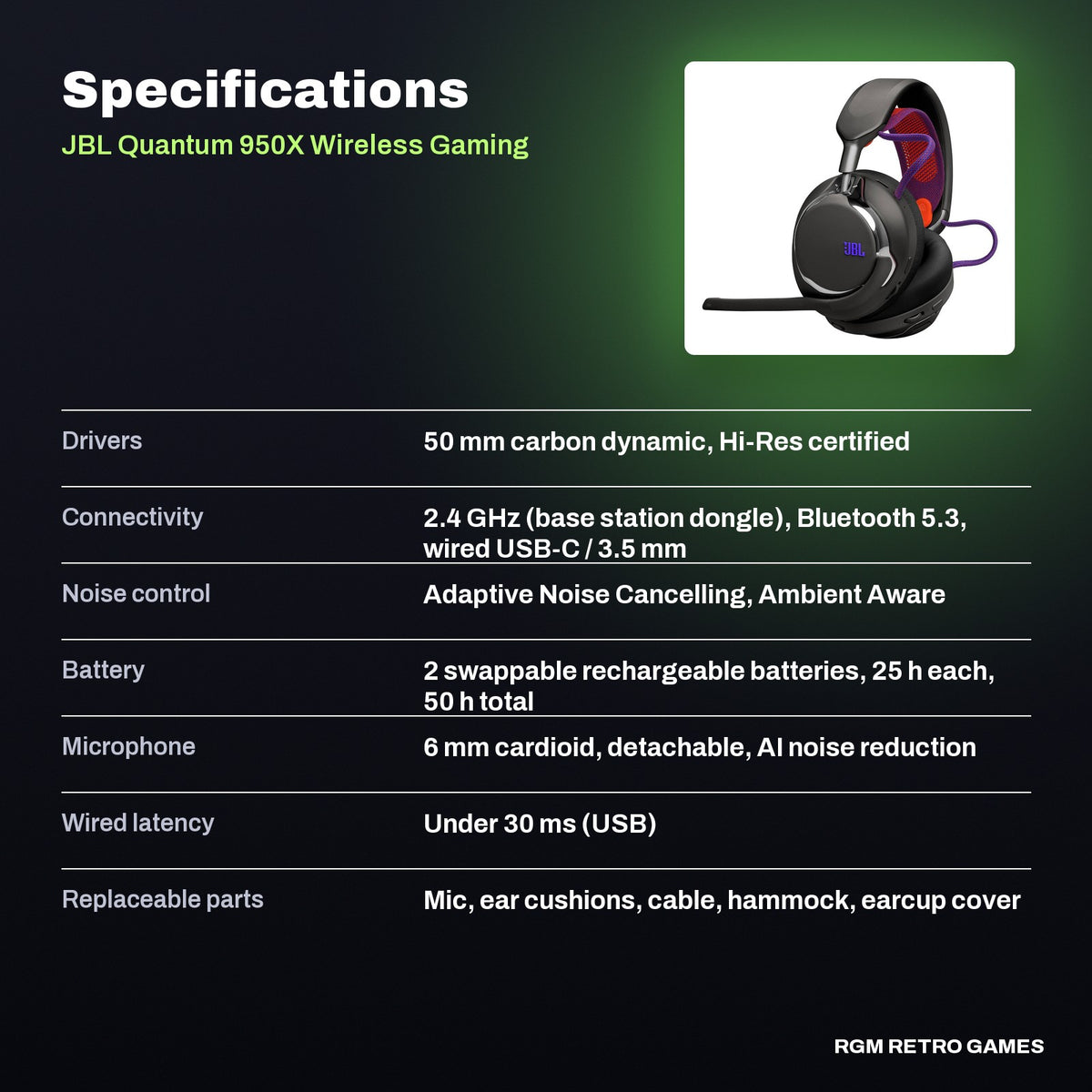 JBL Quantum 950X Wireless Gaming Headset with Base Station - Black specifications