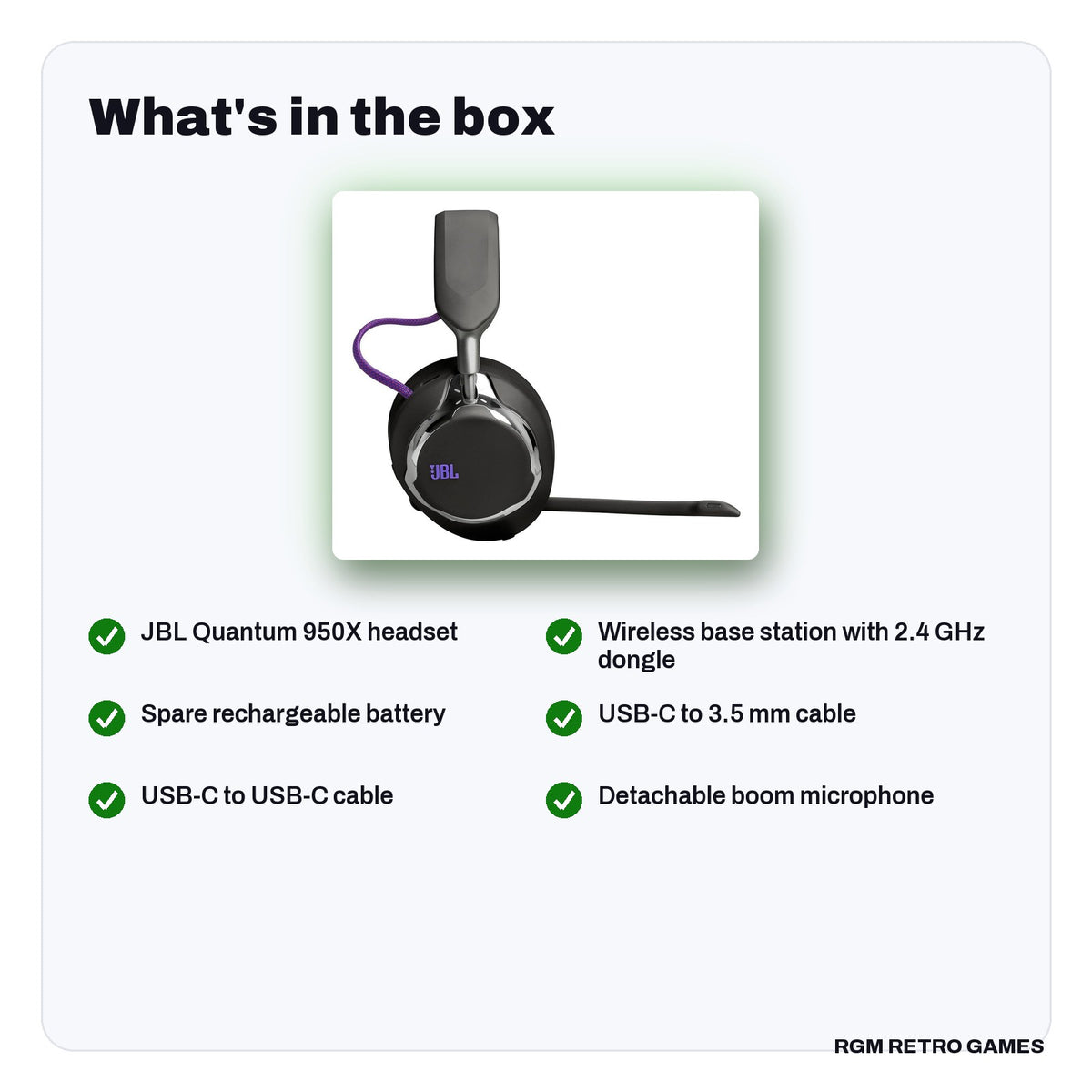 What's in the box with the JBL Quantum 950X Wireless Gaming Headset with Base Station - Black