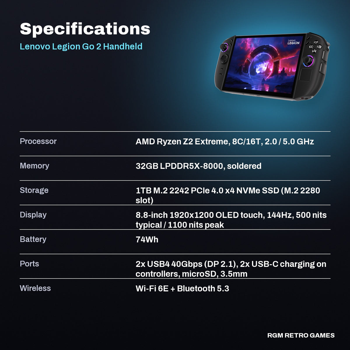 Lenovo Legion Go 2 Handheld Gaming PC - AMD Ryzen Z2 Extreme, 32GB, 1TB, 8.8" OLED 144Hz specifications