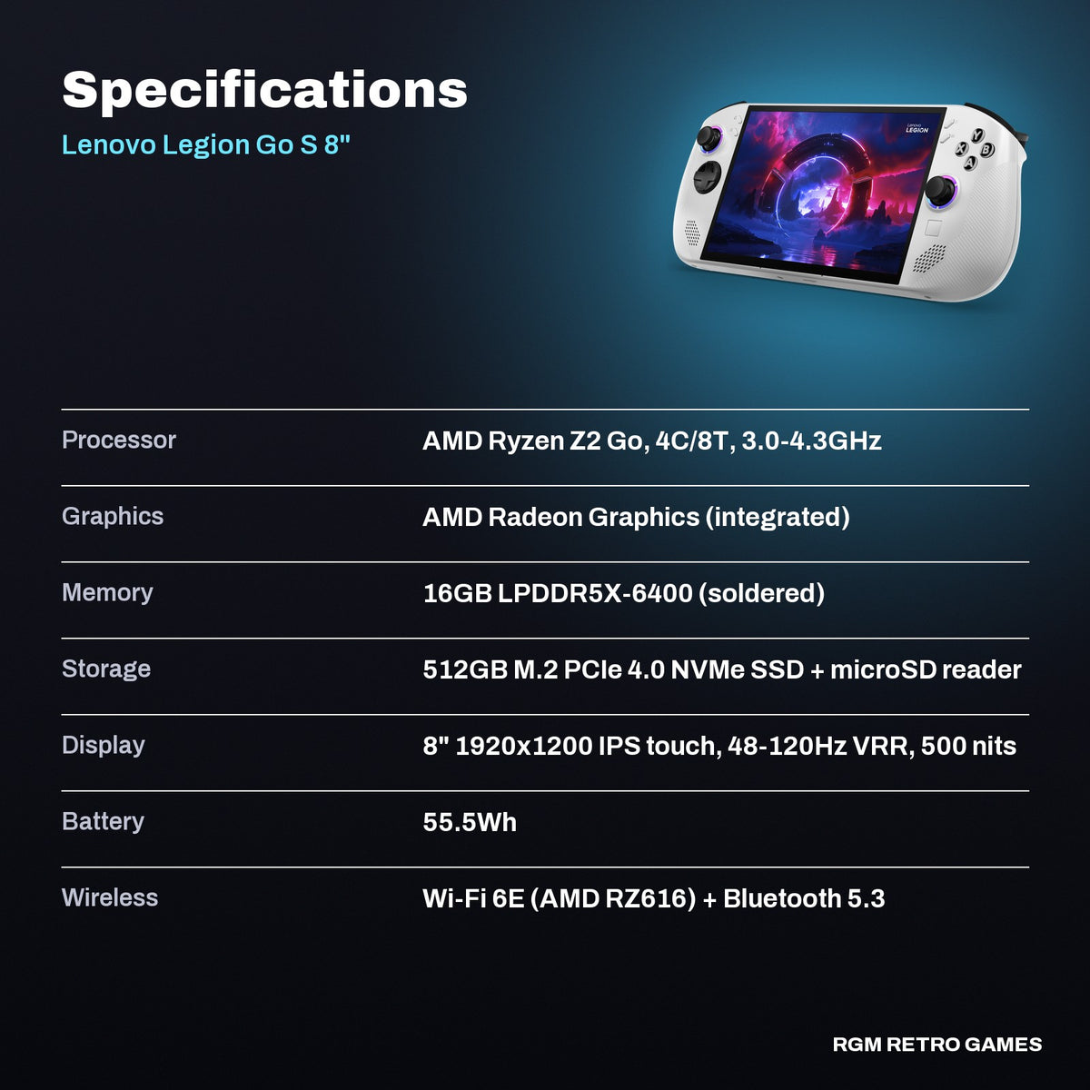Lenovo Legion Go S 8" Gaming Handheld, AMD Ryzen Z2 Go, 16GB/512GB, Windows 11, Glacier White specifications
