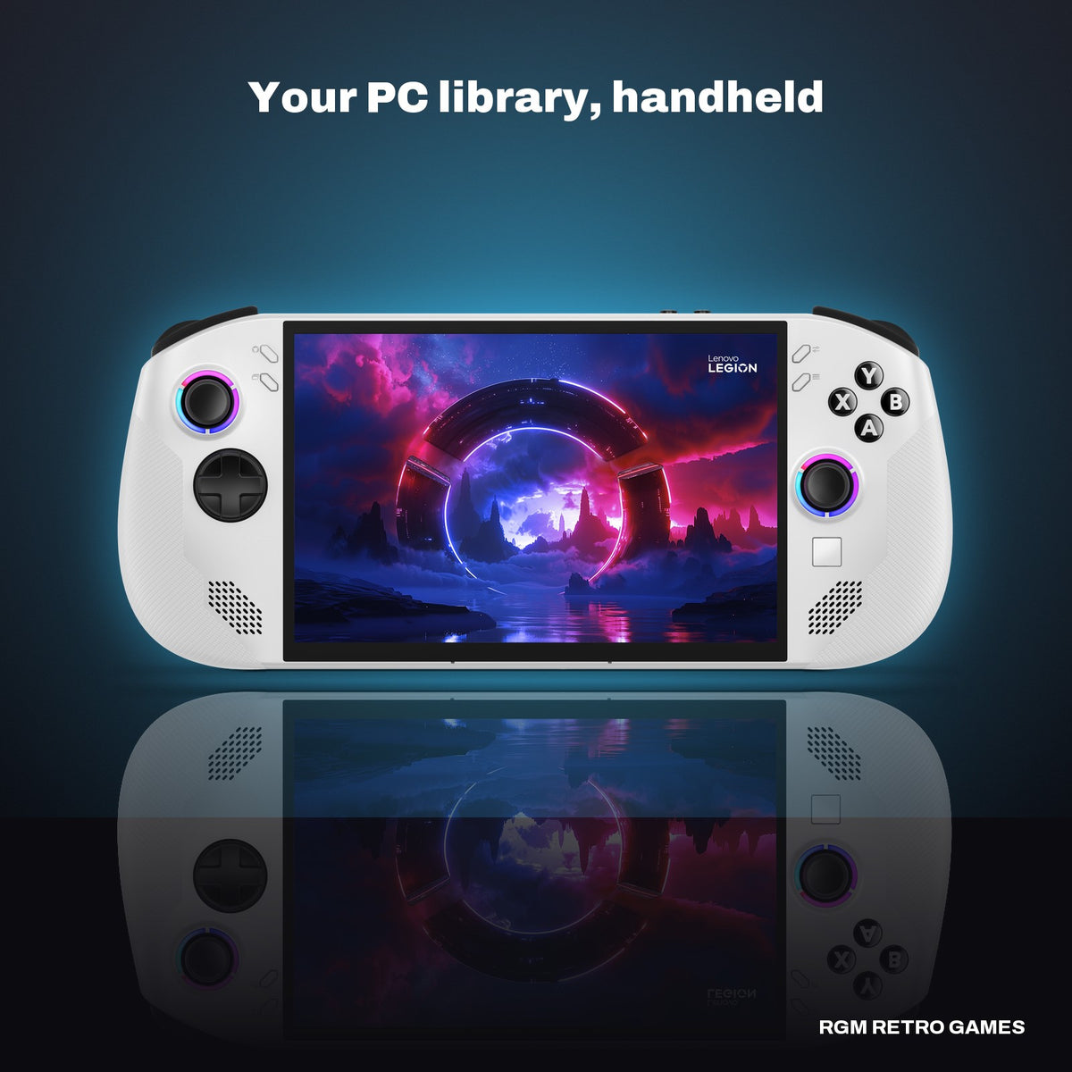 Lenovo Legion Go S 8" Gaming Handheld, AMD Ryzen Z2 Go, 16GB/512GB, Windows 11, Glacier White in a dark studio setting
