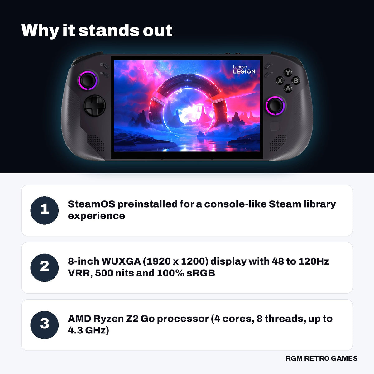 Lenovo Legion Go S Powered by SteamOS - 8-inch 120Hz, AMD Ryzen Z2 Go, 16GB, 512GB SSD (83L30030US) key features: SteamOS preinstalled for a console-like Steam library experience, 8-inch WUXGA (1920 x 1200) display with 48 to 120Hz VRR, 500 nits and 100% sRGB, AMD Ryzen Z2 Go processor (4 cores, 8 threads, up to 4.3 GHz)