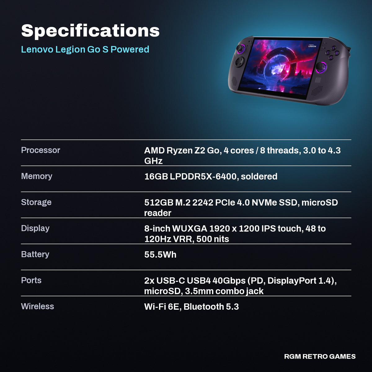 Lenovo Legion Go S Powered by SteamOS - 8-inch 120Hz, AMD Ryzen Z2 Go, 16GB, 512GB SSD (83L30030US) specifications