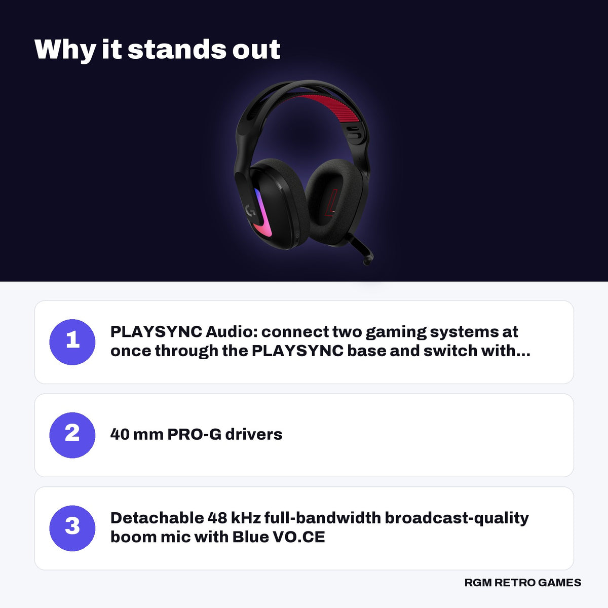 Logitech G ASTRO A20 X LIGHTSPEED Wireless Gaming Headset with PLAYSYNC - Black key features: PLAYSYNC Audio: connect two gaming systems at once through the PLAYSYNC base and switch with..., 40 mm PRO-G drivers, Detachable 48 kHz full-bandwidth broadcast-quality boom mic with Blue VO.CE