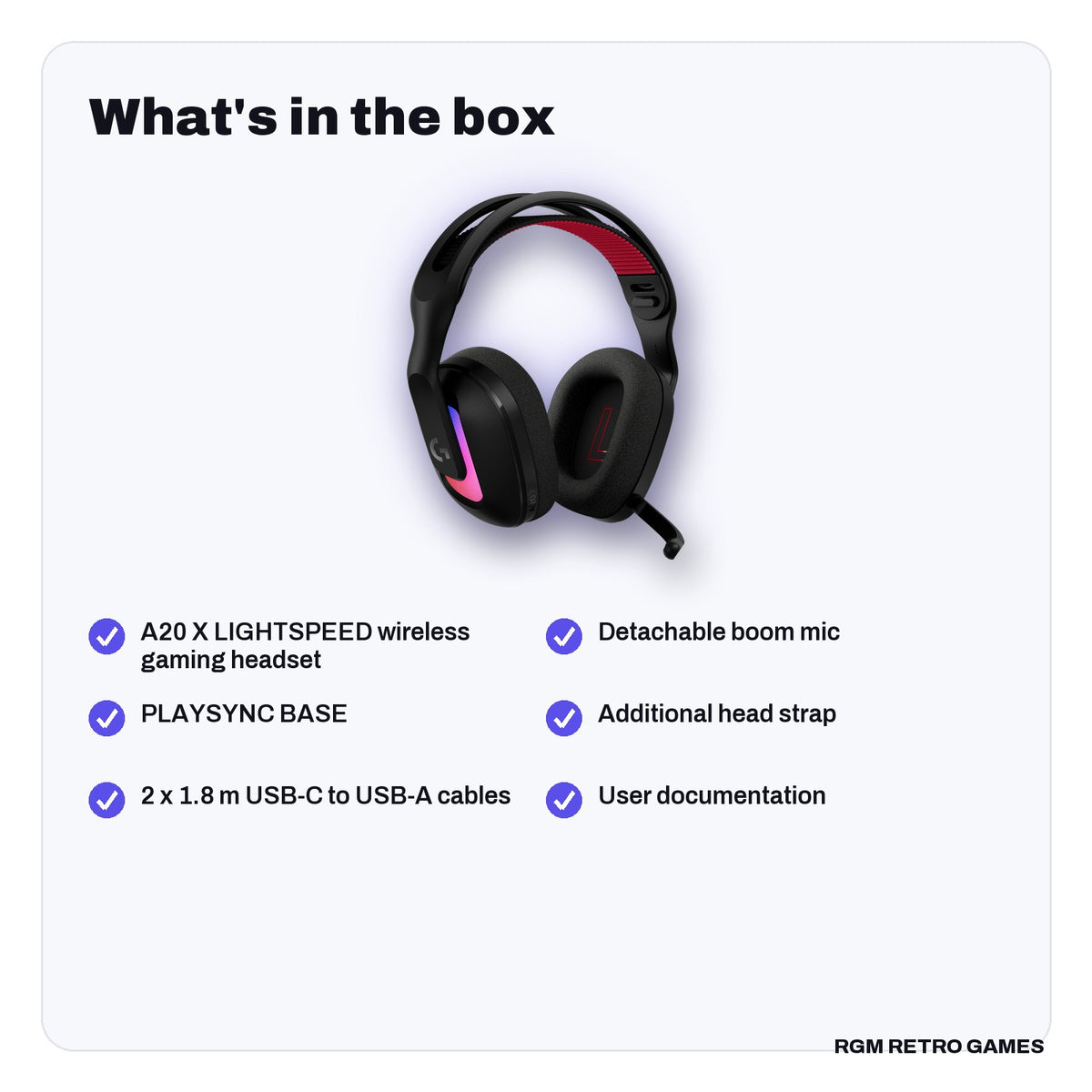 What's in the box with the Logitech G ASTRO A20 X LIGHTSPEED Wireless Gaming Headset with PLAYSYNC - Black