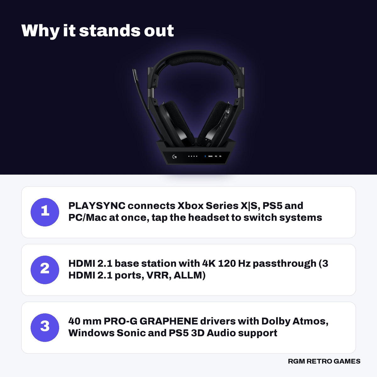 Logitech G Astro A50 X LIGHTSPEED Wireless Gaming Headset + Base Station (Black) key features: PLAYSYNC connects Xbox Series X|S, PS5 and PC/Mac at once, tap the headset to switch systems, HDMI 2.1 base station with 4K 120 Hz passthrough (3 HDMI 2.1 ports, VRR, ALLM), 40 mm PRO-G GRAPHENE drivers with Dolby Atmos, Windows Sonic and PS5 3D Audio support