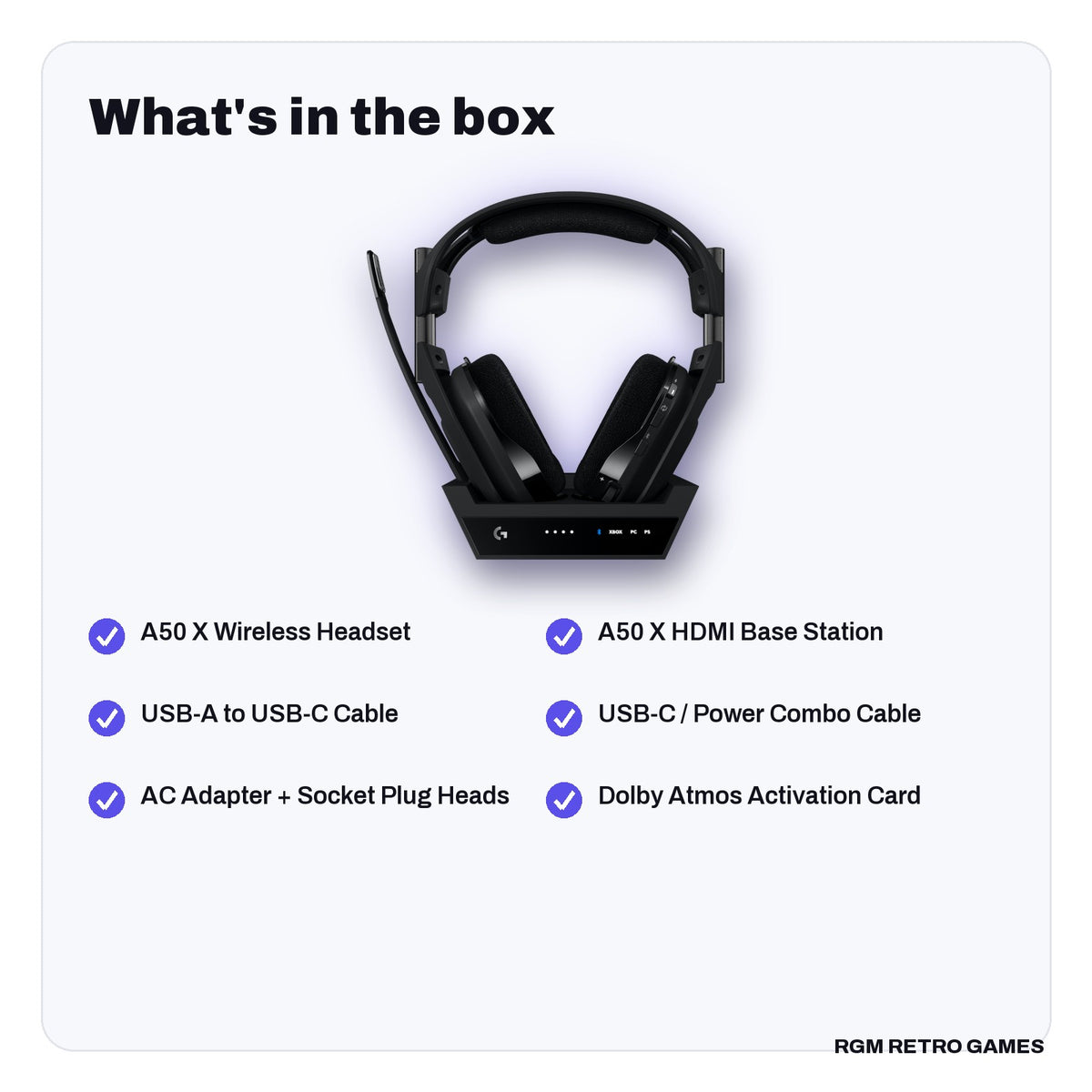 What's in the box with the Logitech G Astro A50 X LIGHTSPEED Wireless Gaming Headset + Base Station (Black)