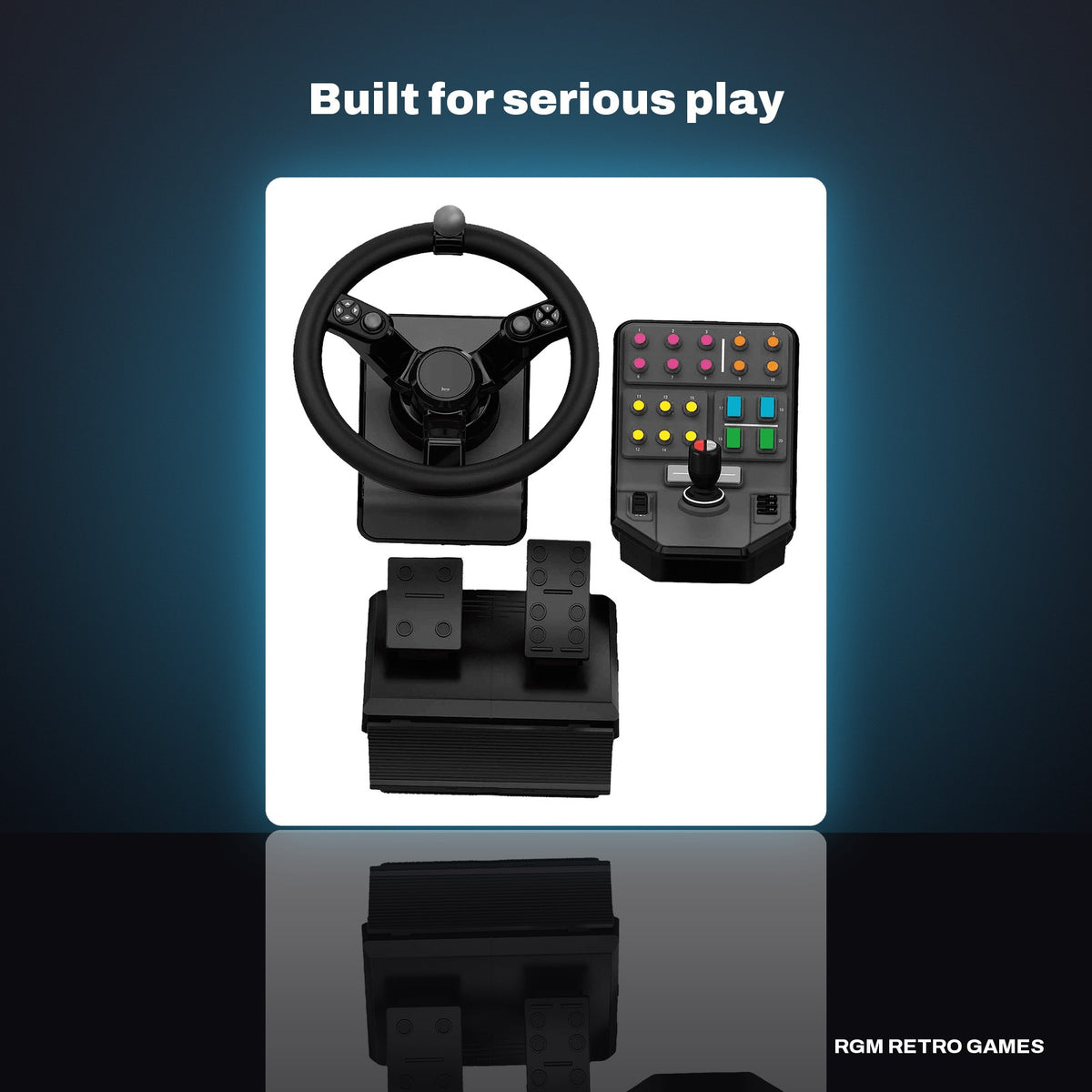 Logitech G Farming Simulator Heavy Equipment Bundle (Wheel, Pedals and Side Panel) in a dark studio setting