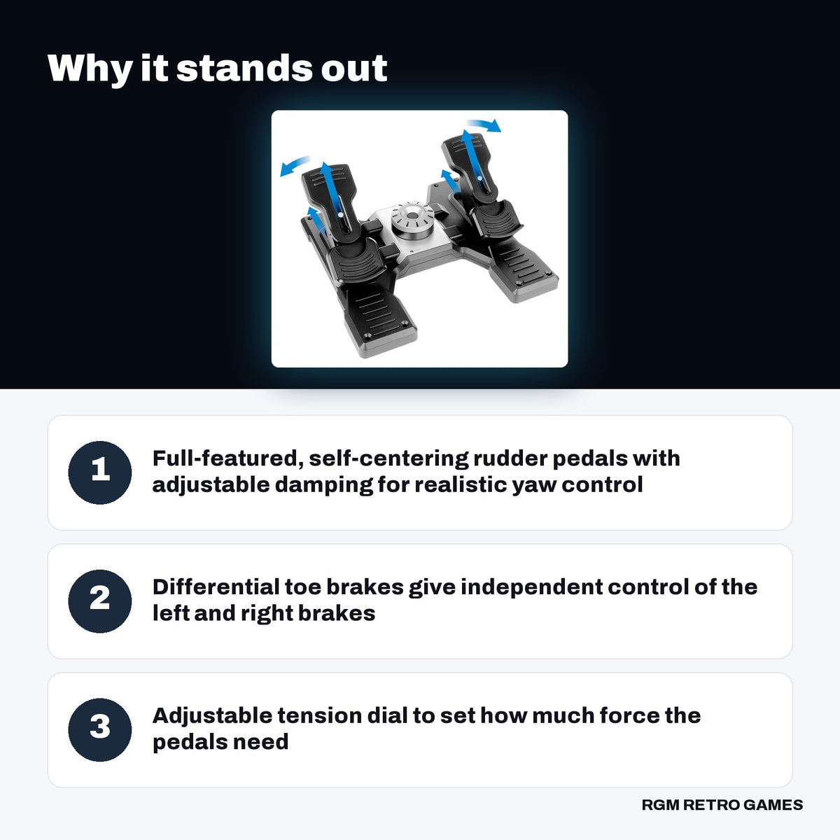 Logitech G Flight Sim Rudder Pedals (Pro Flight Rudder Pedals) key features: Full-featured, self-centering rudder pedals with adjustable damping for realistic yaw control, Differential toe brakes give independent control of the left and right brakes, Adjustable tension dial to set how much force the pedals need