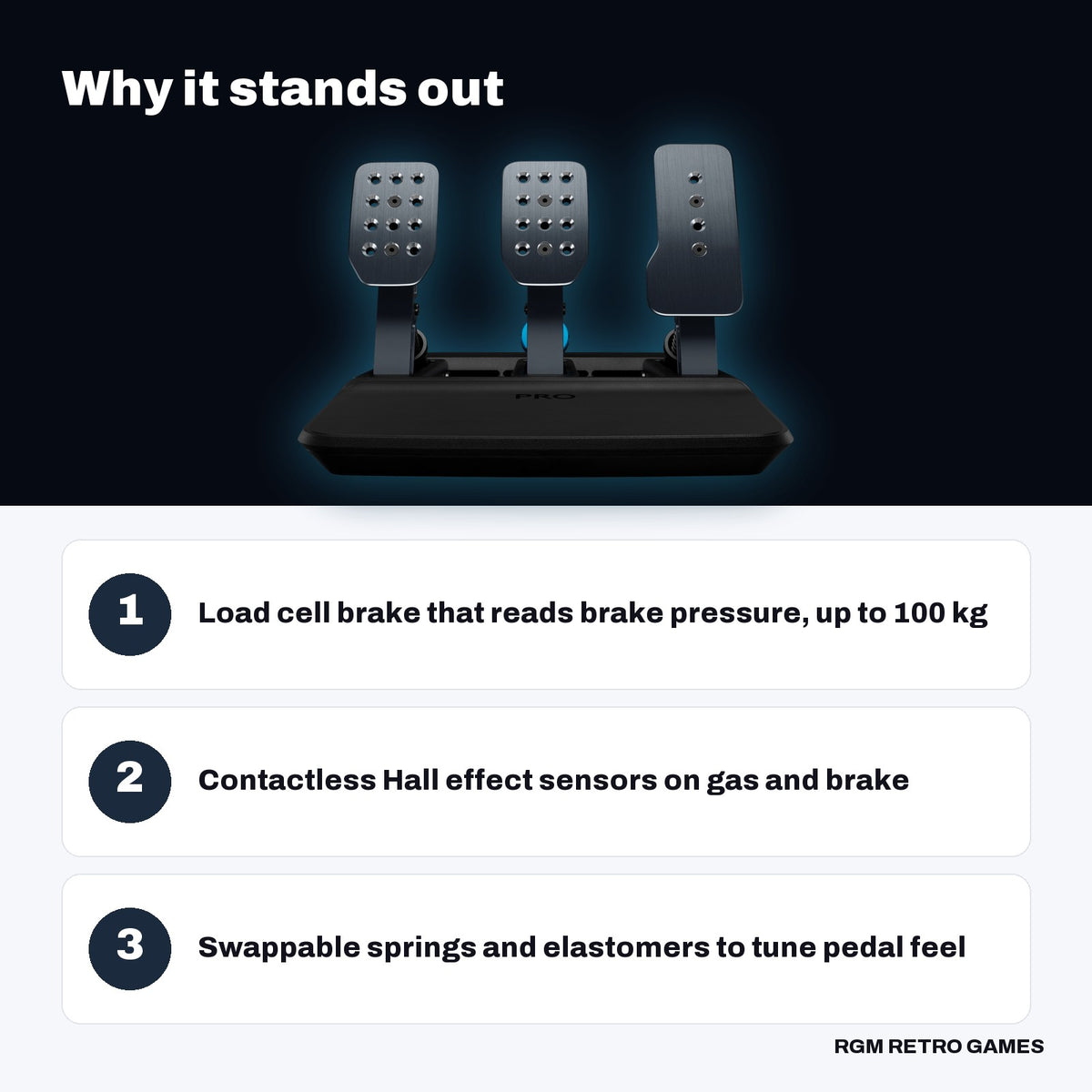 Logitech G PRO Racing Pedals key features: Load cell brake that reads brake pressure, up to 100 kg, Contactless Hall effect sensors on gas and brake, Swappable springs and elastomers to tune pedal feel