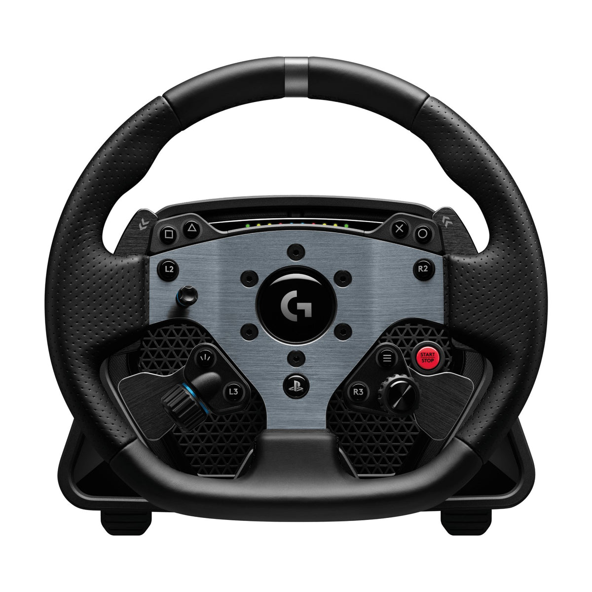 Logitech G PRO Racing Wheel for PlayStation 5 and PC, front view on a white background