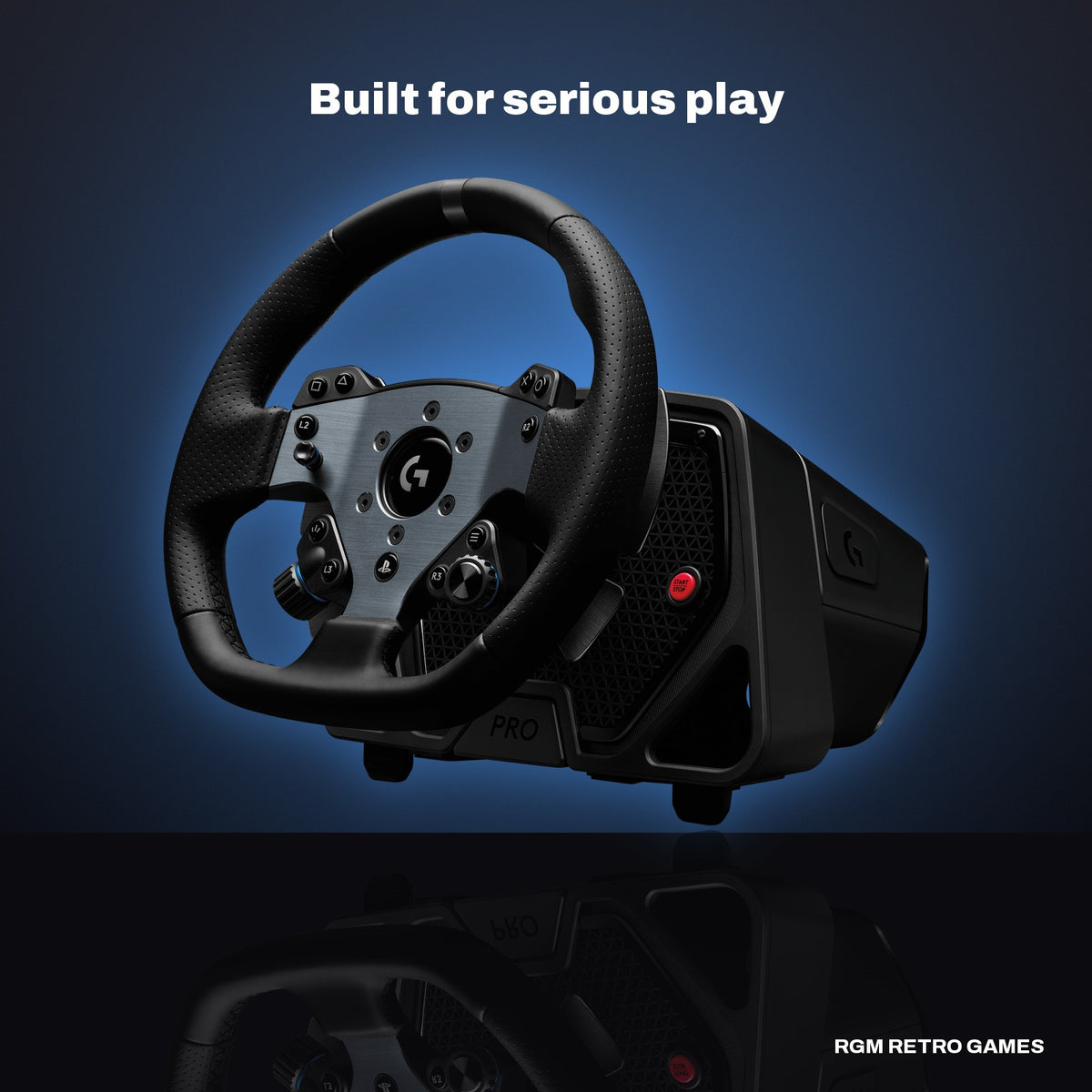Logitech G PRO Racing Wheel for PlayStation 5 and PC in a dark studio setting