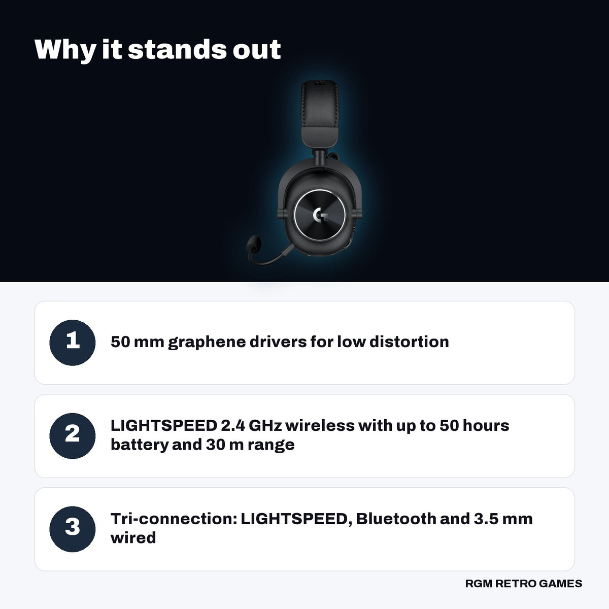 Logitech G PRO X 2 LIGHTSPEED Wireless Gaming Headset - Black key features: 50 mm graphene drivers for low distortion, LIGHTSPEED 2.4 GHz wireless with up to 50 hours battery and 30 m range, Tri-connection: LIGHTSPEED, Bluetooth and 3.5 mm wired