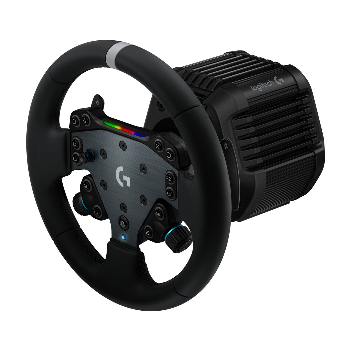 Logitech G RS50 System for PlayStation/PC (Direct Drive Wheel Base, RS Wheel Hub and RS Round Wheel), front view on a white background