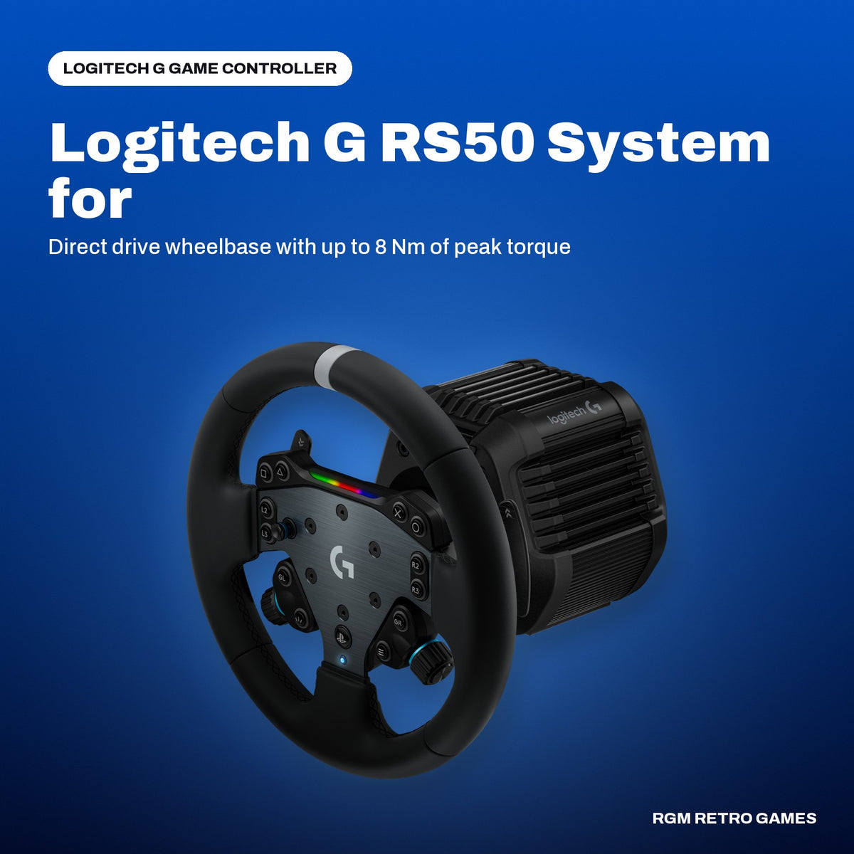Logitech G RS50 System for PlayStation/PC (Direct Drive Wheel Base, RS Wheel Hub and RS Round Wheel) in a Logitech G color scene