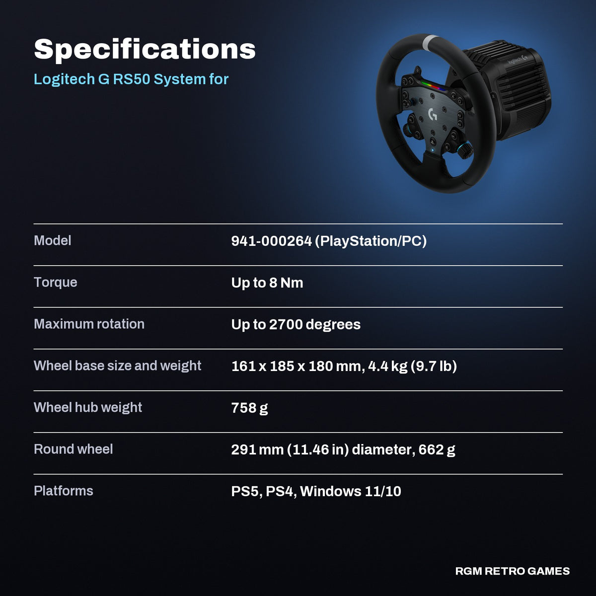 Logitech G RS50 System for PlayStation/PC (Direct Drive Wheel Base, RS Wheel Hub and RS Round Wheel) specifications