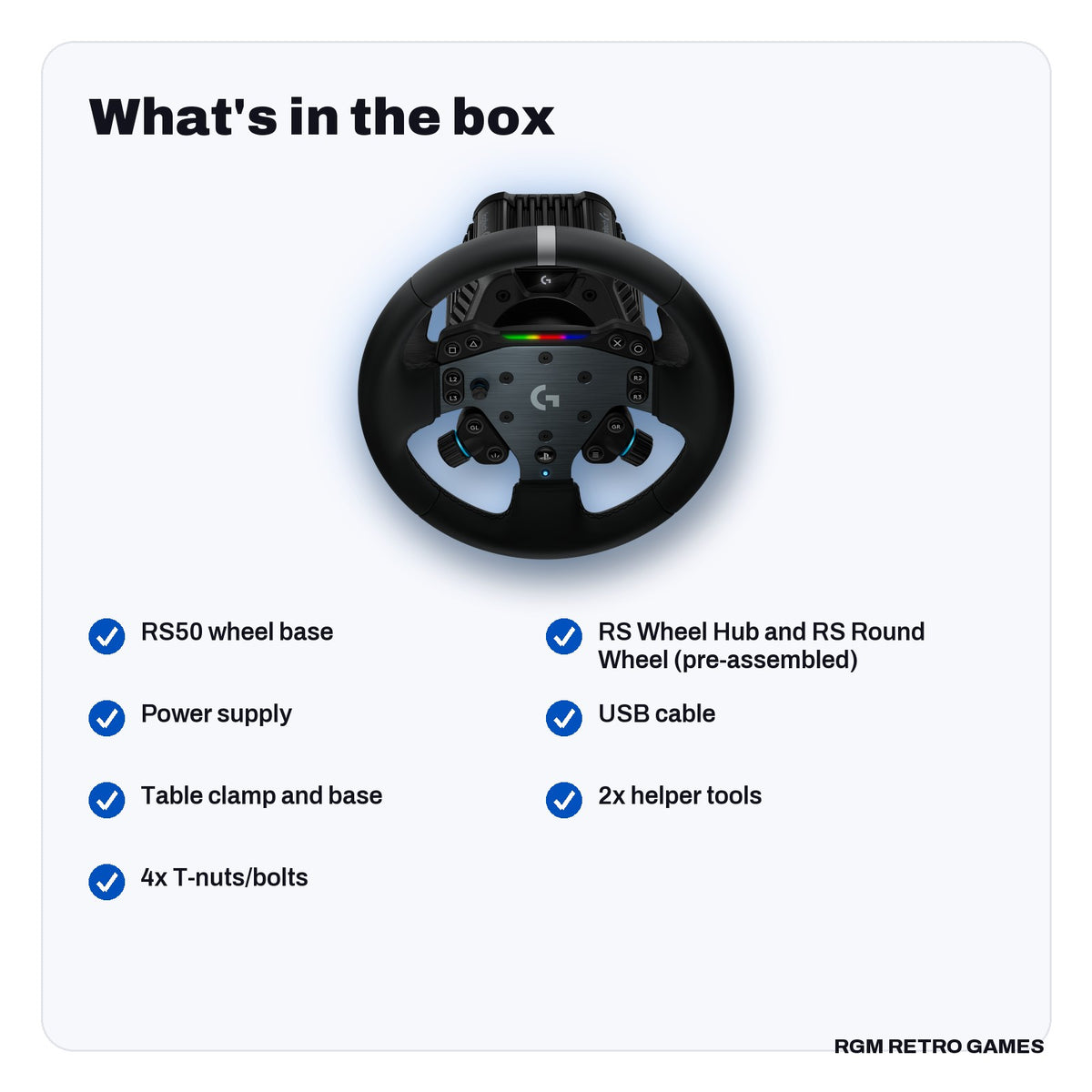 What's in the box with the Logitech G RS50 System for PlayStation/PC (Direct Drive Wheel Base, RS Wheel Hub and RS Round Wheel)