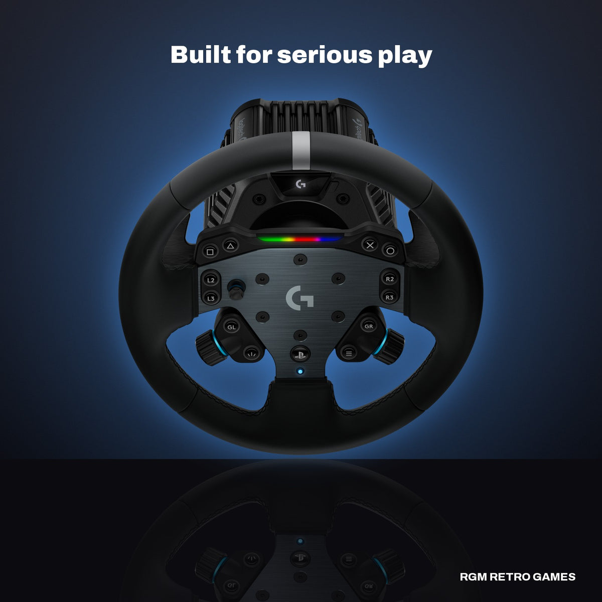 Logitech G RS50 System for PlayStation/PC (Direct Drive Wheel Base, RS Wheel Hub and RS Round Wheel) in a dark studio setting