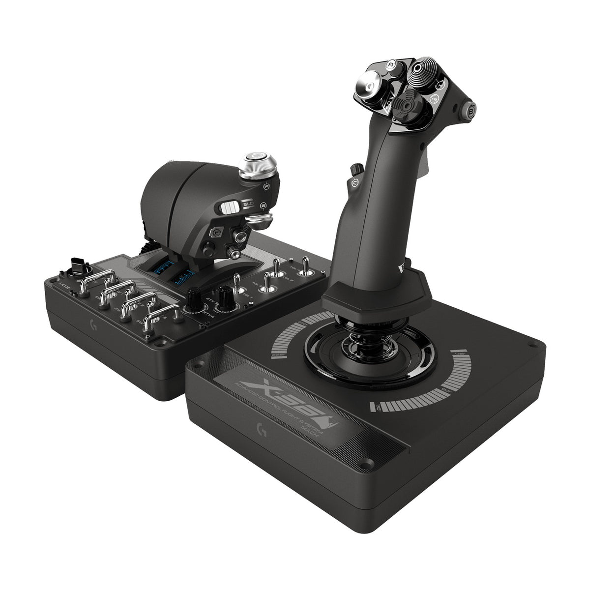 Logitech G X56 H.O.T.A.S. RGB Throttle and Stick Simulation Controller, front view on a white background