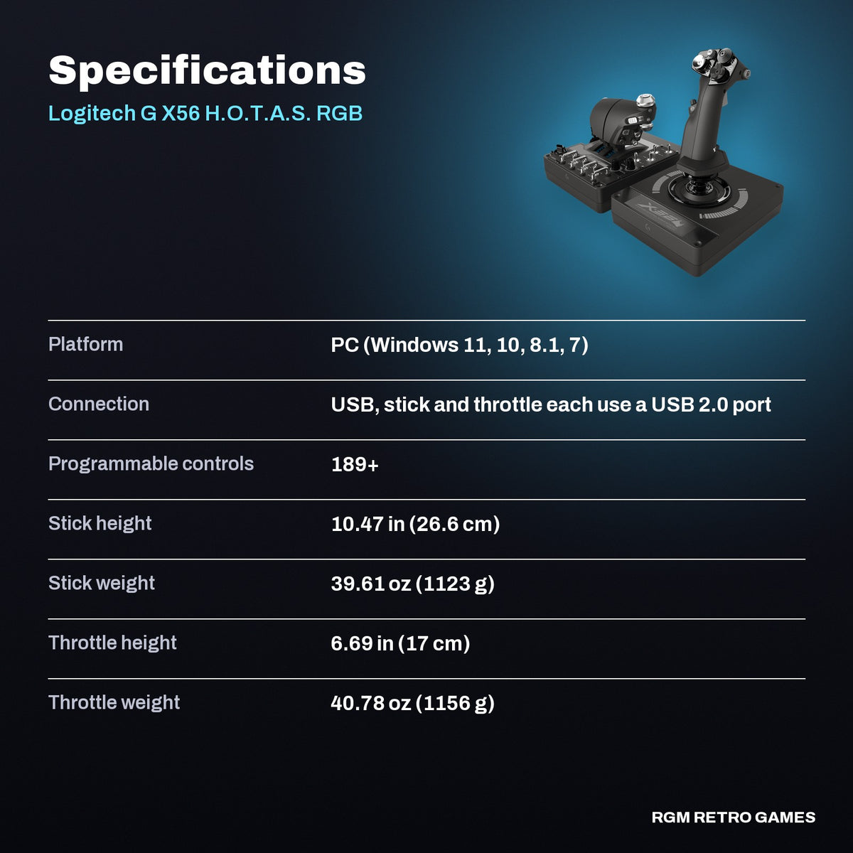 Logitech G X56 H.O.T.A.S. RGB Throttle and Stick Simulation Controller specifications