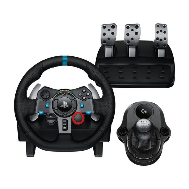 Logitech G29 Driving Force Racing Wheel and Pedals with Driving Force Shifter Bundle for PS5, PS4 and PC, front view on a white background
