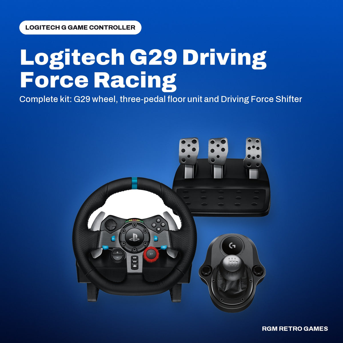 Logitech G29 Driving Force Racing Wheel and Pedals with Driving Force Shifter Bundle for PS5, PS4 and PC in a Logitech G color scene