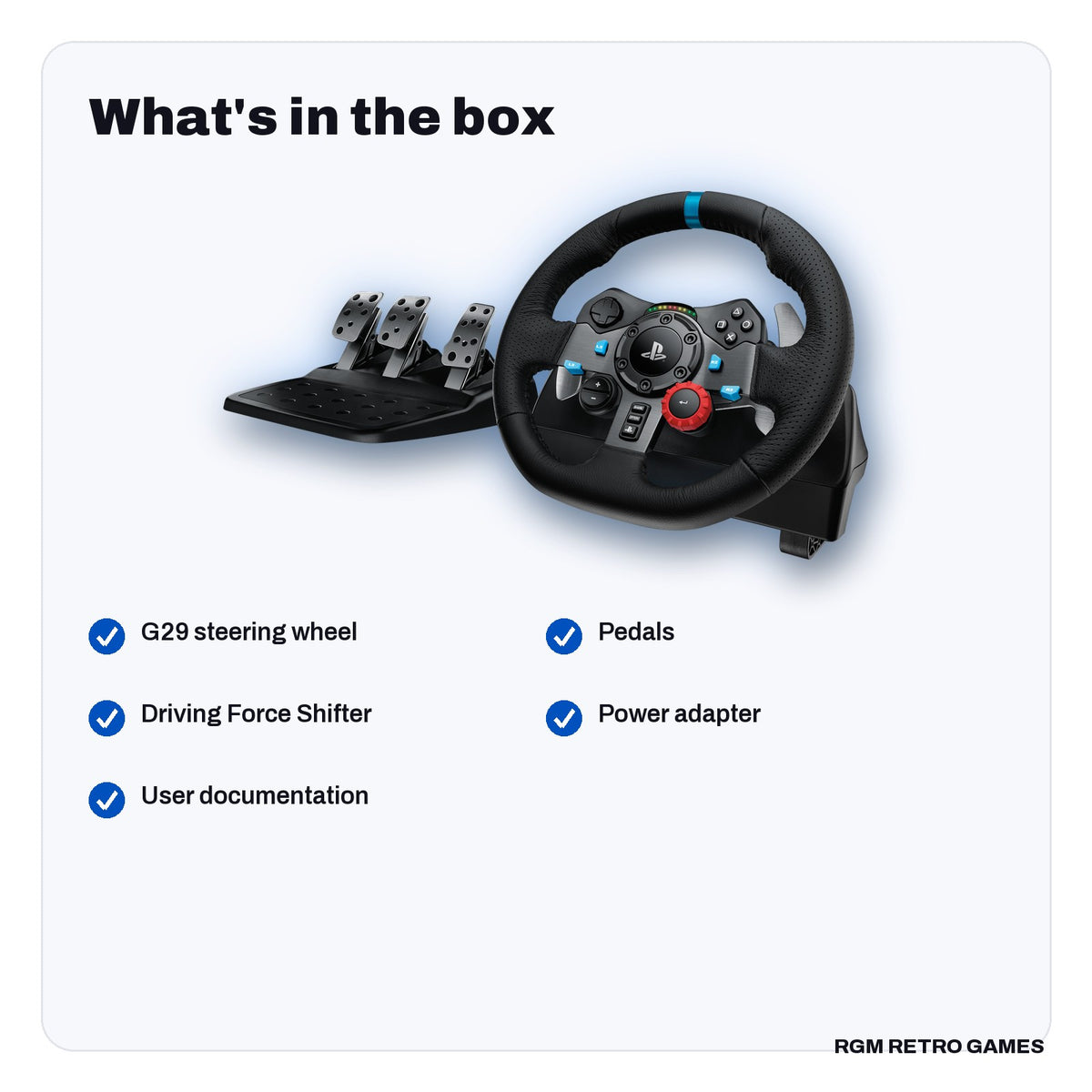 What's in the box with the Logitech G29 Driving Force Racing Wheel and Pedals with Driving Force Shifter Bundle for PS5, PS4 and PC