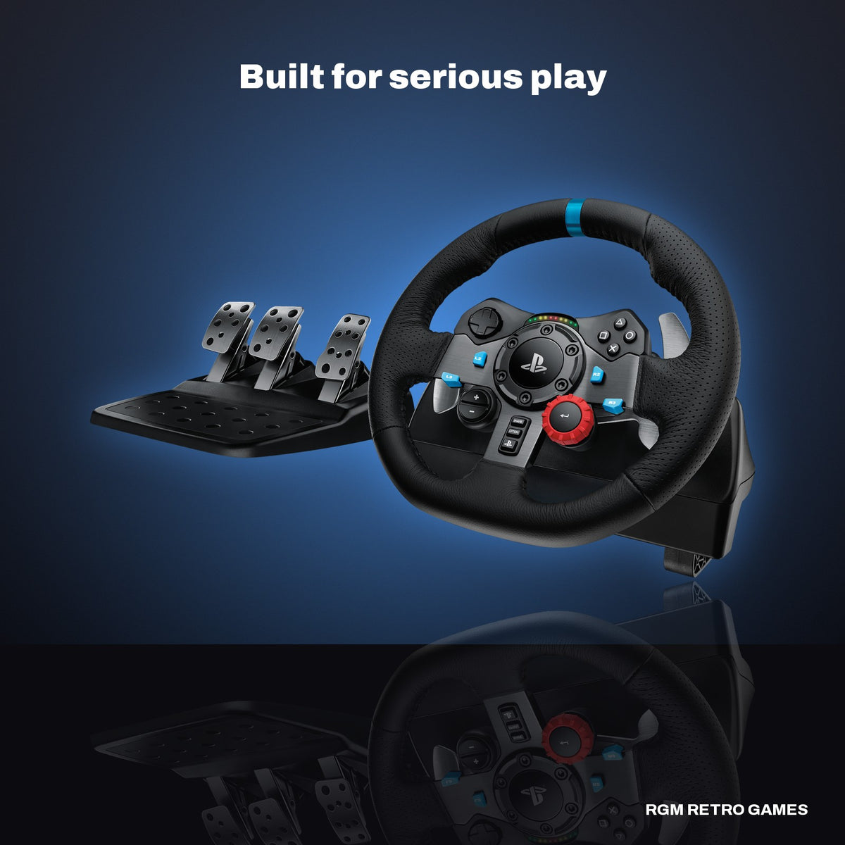 Logitech G29 Driving Force Racing Wheel and Pedals with Driving Force Shifter Bundle for PS5, PS4 and PC in a dark studio setting
