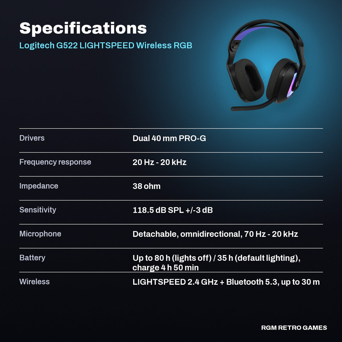Logitech G522 LIGHTSPEED Wireless RGB Gaming Headset - Black specifications