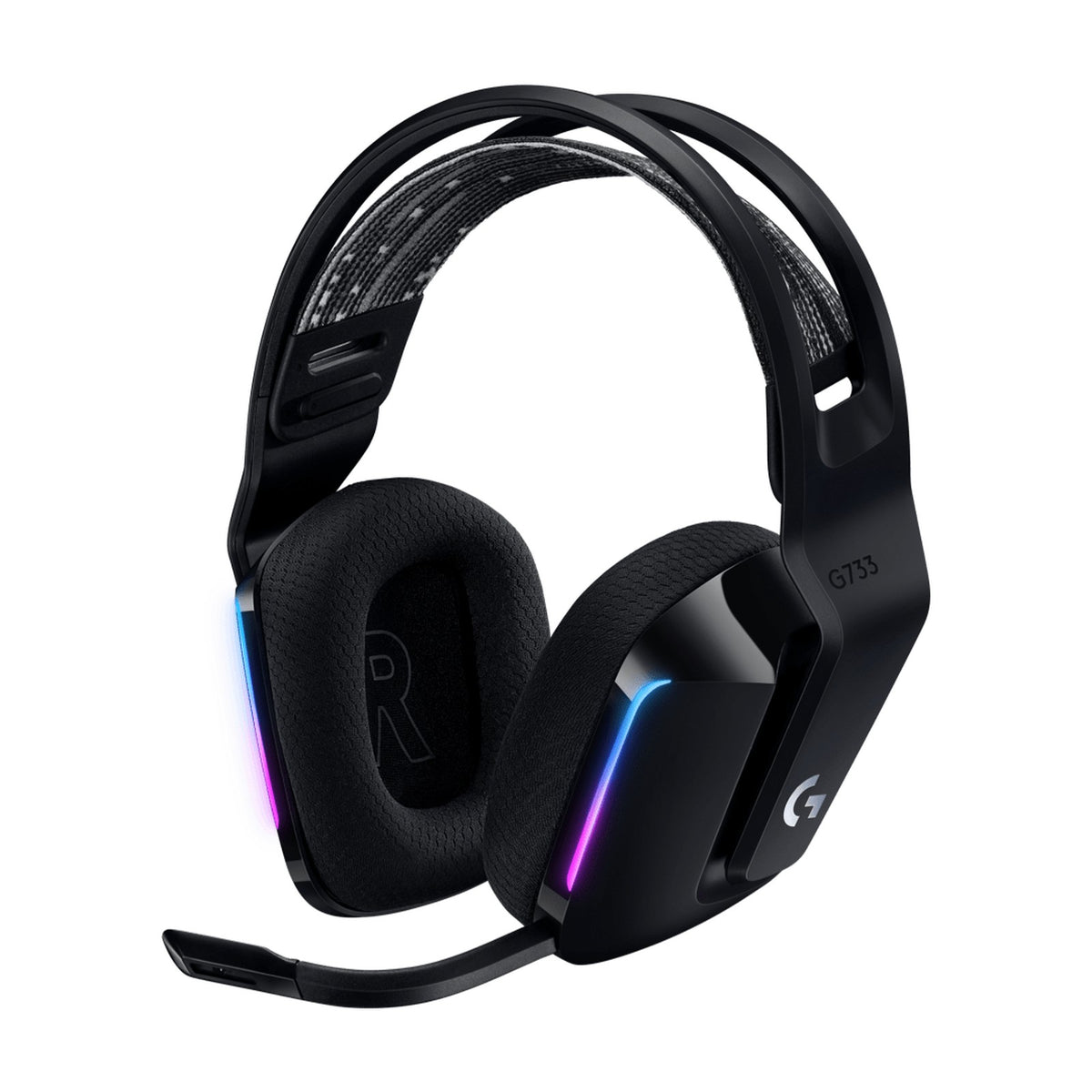 Logitech G733 LIGHTSPEED Wireless RGB Gaming Headset - Black, front view on a white background