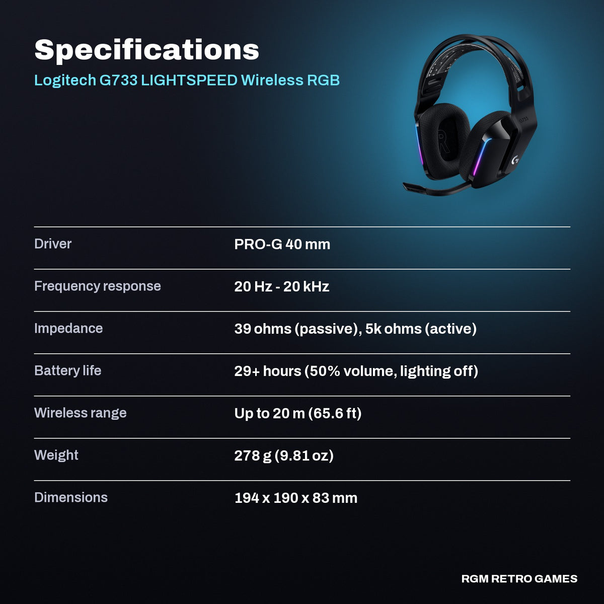Logitech G733 LIGHTSPEED Wireless RGB Gaming Headset - Black specifications