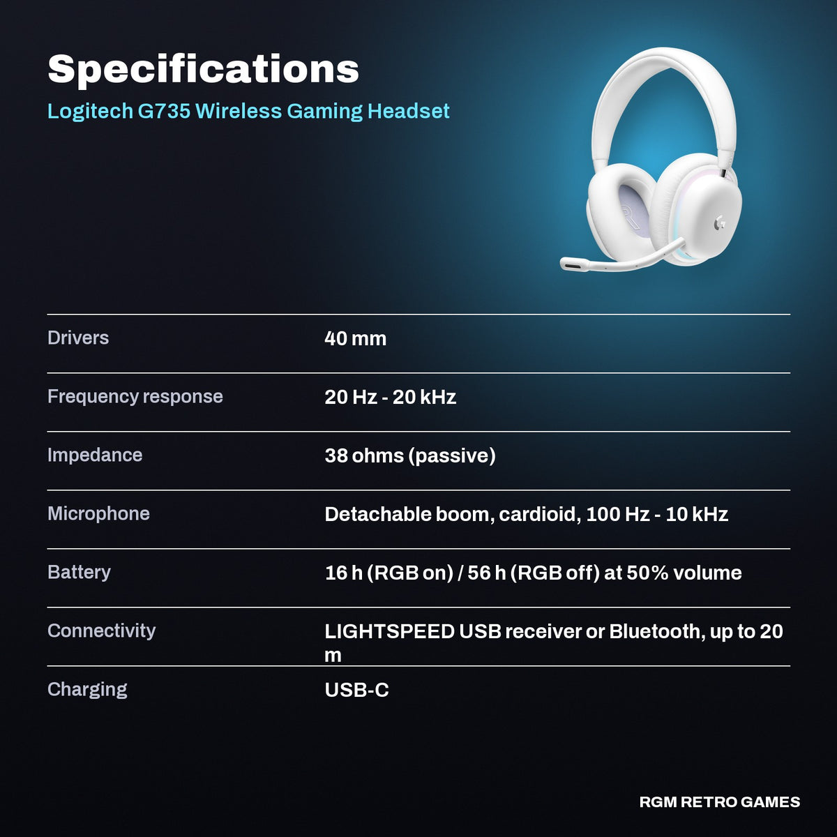 Logitech G735 Wireless Gaming Headset (Aurora Collection, White Mist) specifications
