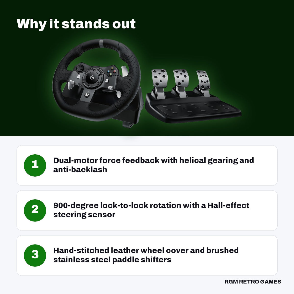 Logitech G920 Driving Force Racing Wheel and Driving Force Shifter Bundle for Xbox key features: Dual-motor force feedback with helical gearing and anti-backlash, 900-degree lock-to-lock rotation with a Hall-effect steering sensor, Hand-stitched leather wheel cover and brushed stainless steel paddle shifters