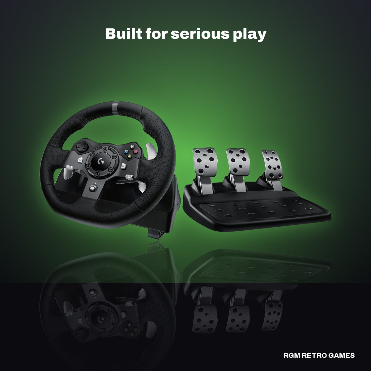 Logitech G920 Driving Force Racing Wheel and Driving Force Shifter Bundle for Xbox in a dark studio setting