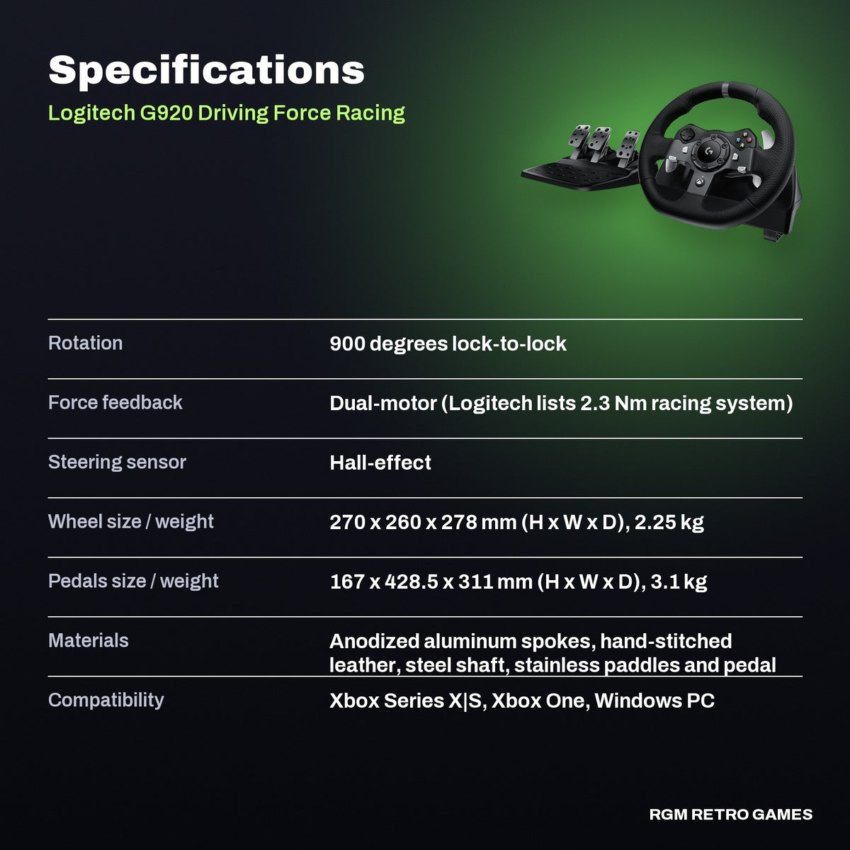 Logitech G920 Driving Force Racing Wheel and Pedals for Xbox Series X|S, Xbox One and PC specifications