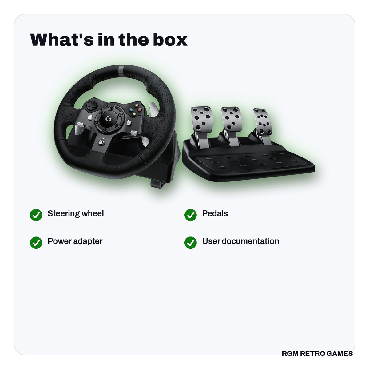 What's in the box with the Logitech G920 Driving Force Racing Wheel and Pedals for Xbox Series X|S, Xbox One and PC