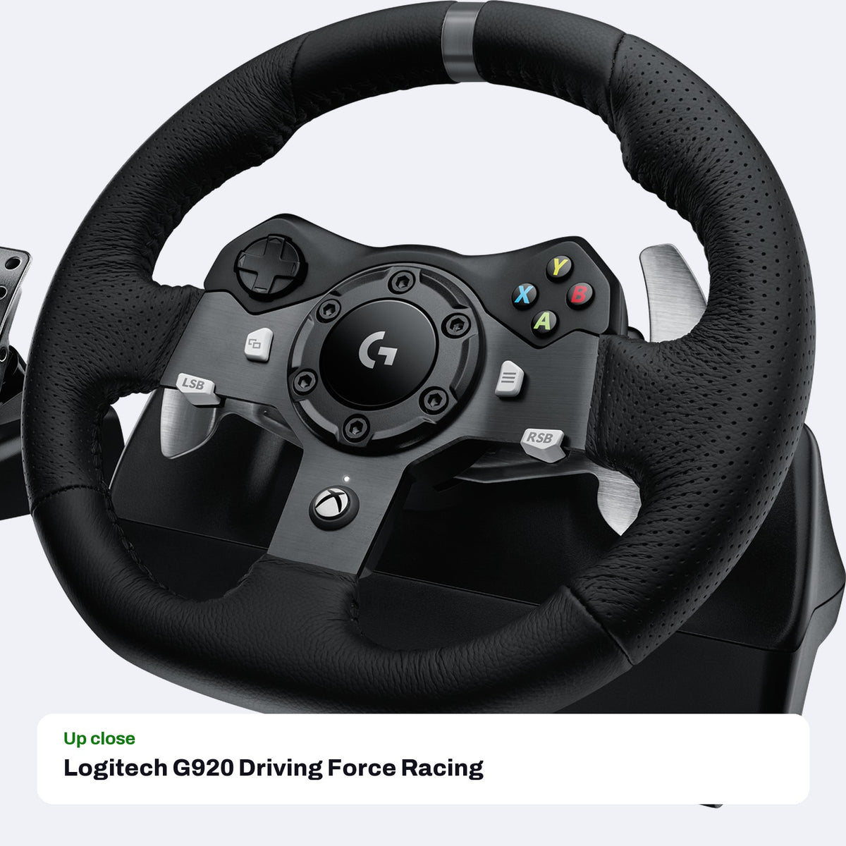 Logitech G920 Driving Force Racing Wheel and Pedals for Xbox Series X|S, Xbox One and PC, close-up detail
