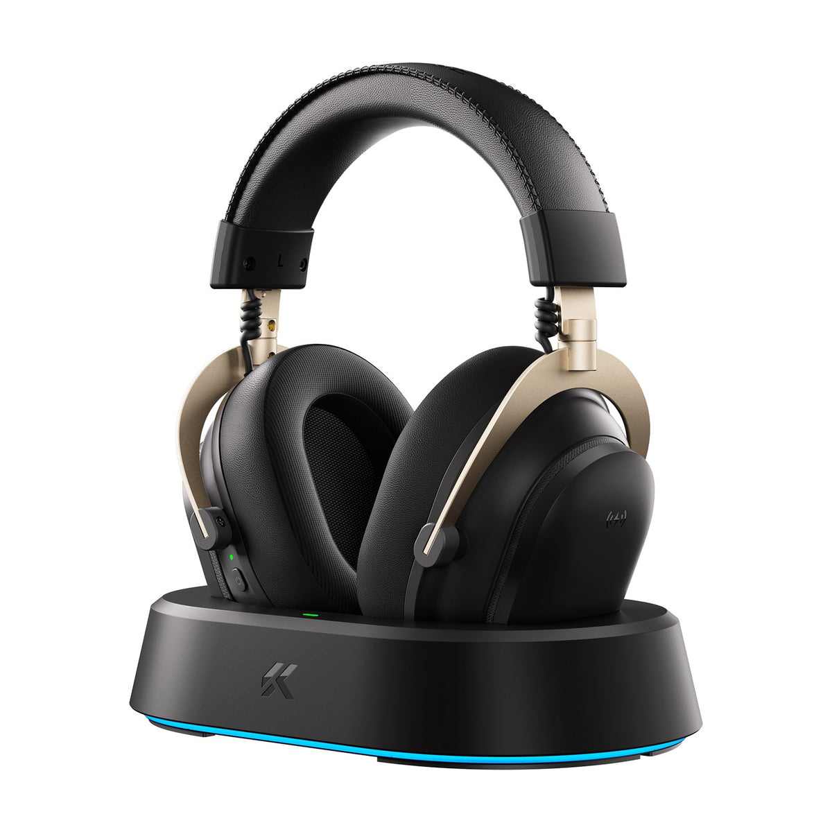 MCHOSE V9 Turbo+ Wireless Gaming Headset with Magnetic Charging Dock - Black Gold, front view on a white background