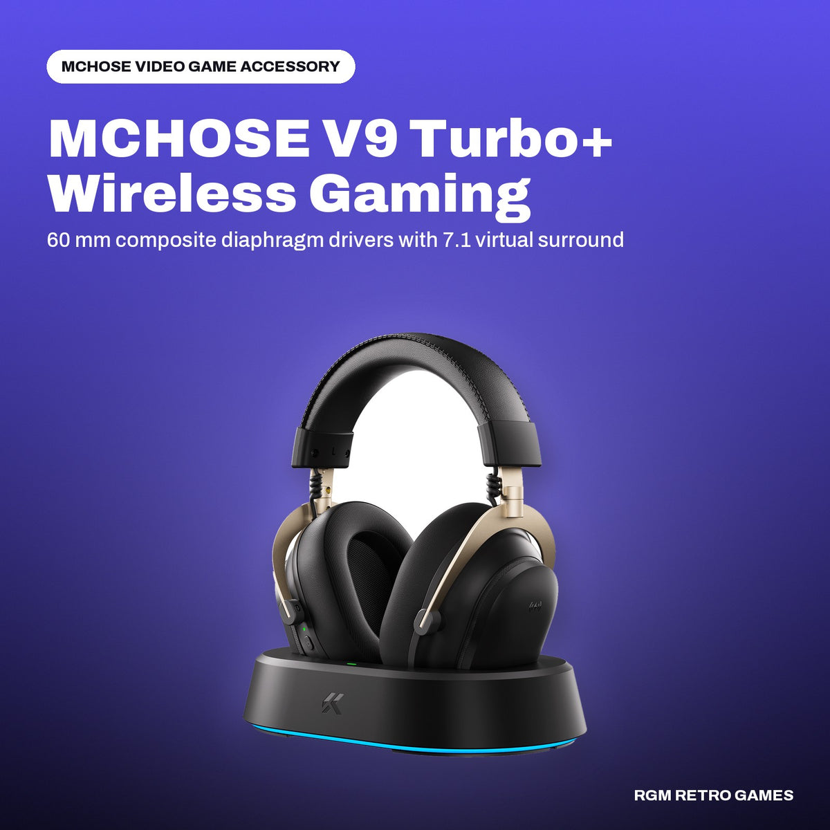 MCHOSE V9 Turbo+ Wireless Gaming Headset with Magnetic Charging Dock - Black Gold in a MCHOSE color scene